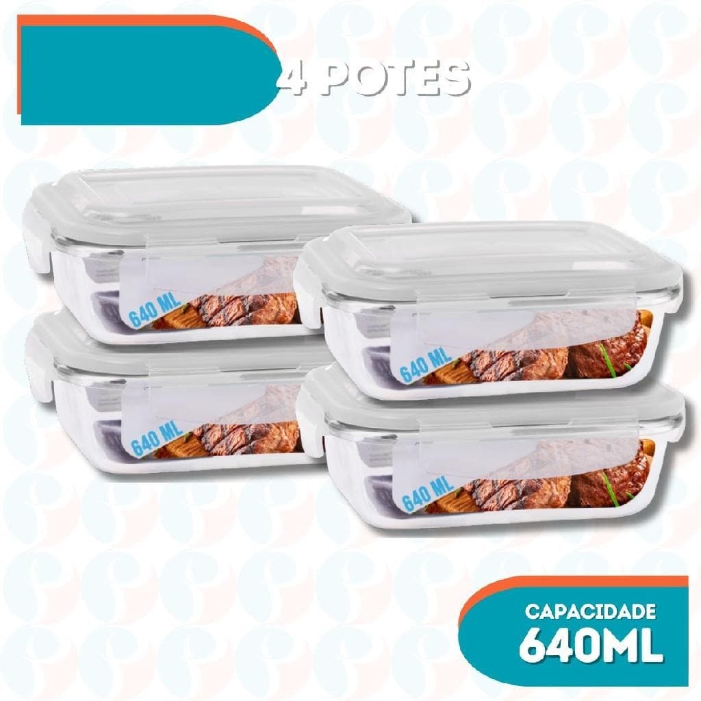Kit 4 Potes Tampa Hermetica 4 Travas Retangular Vidro 640ml