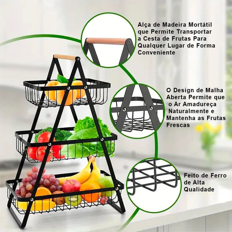 Fruteira de Mesa Aramada 2 ou 3 Andares Multiuso Cesta de Frutas e Legumes Cozinha Premium