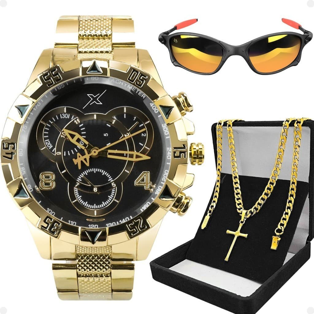 Relogio masculino dourado + oculos proteção uv casual analogico social religioso inoxidável presente