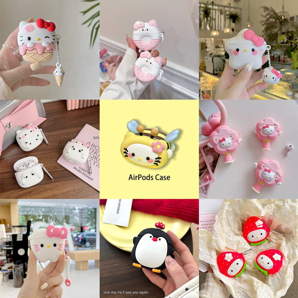 Capa Protetora Para Fone De Ouvido Sem Fio 3D Hello Kitty Compatível Com Airpods 1 2 3 Pro Pro2 Gancho