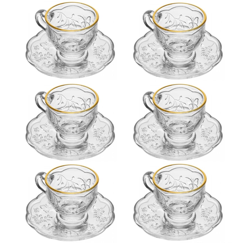 Jogo 6 Xícaras Chá 180ml Cristal Borda Dourada Borboleta Lyor
