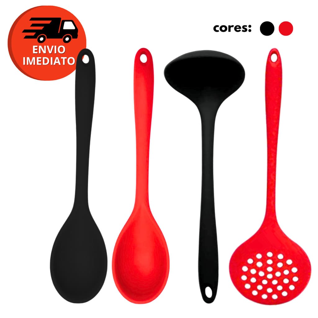 Kit 04 Pç: Colher Arroz + Concha Feijão Caldos + Escumadeira Universal Silicone Panelas Teflon