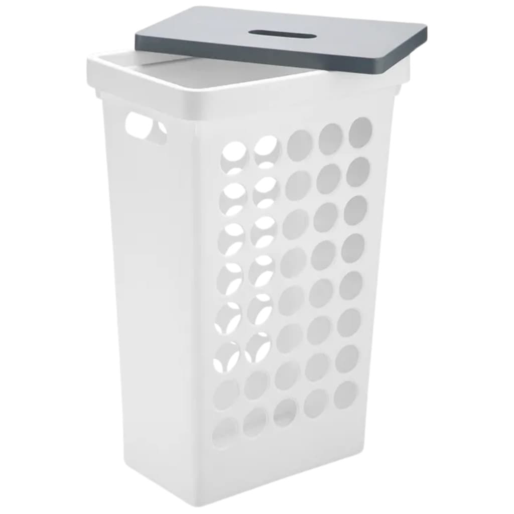 Cesto Organizador De Roupas Retangular Lavanderia Banheiro Quarto 43L Branco Com Tampa Cinza Arthi