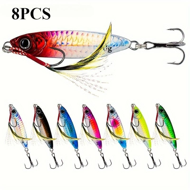 8 Pçs Metal Gabarito Iscas De Pesca Afundamento Lento Olhos 3D Pesos Variados 7g-30g Fundição Longa Isca Dura Para Água