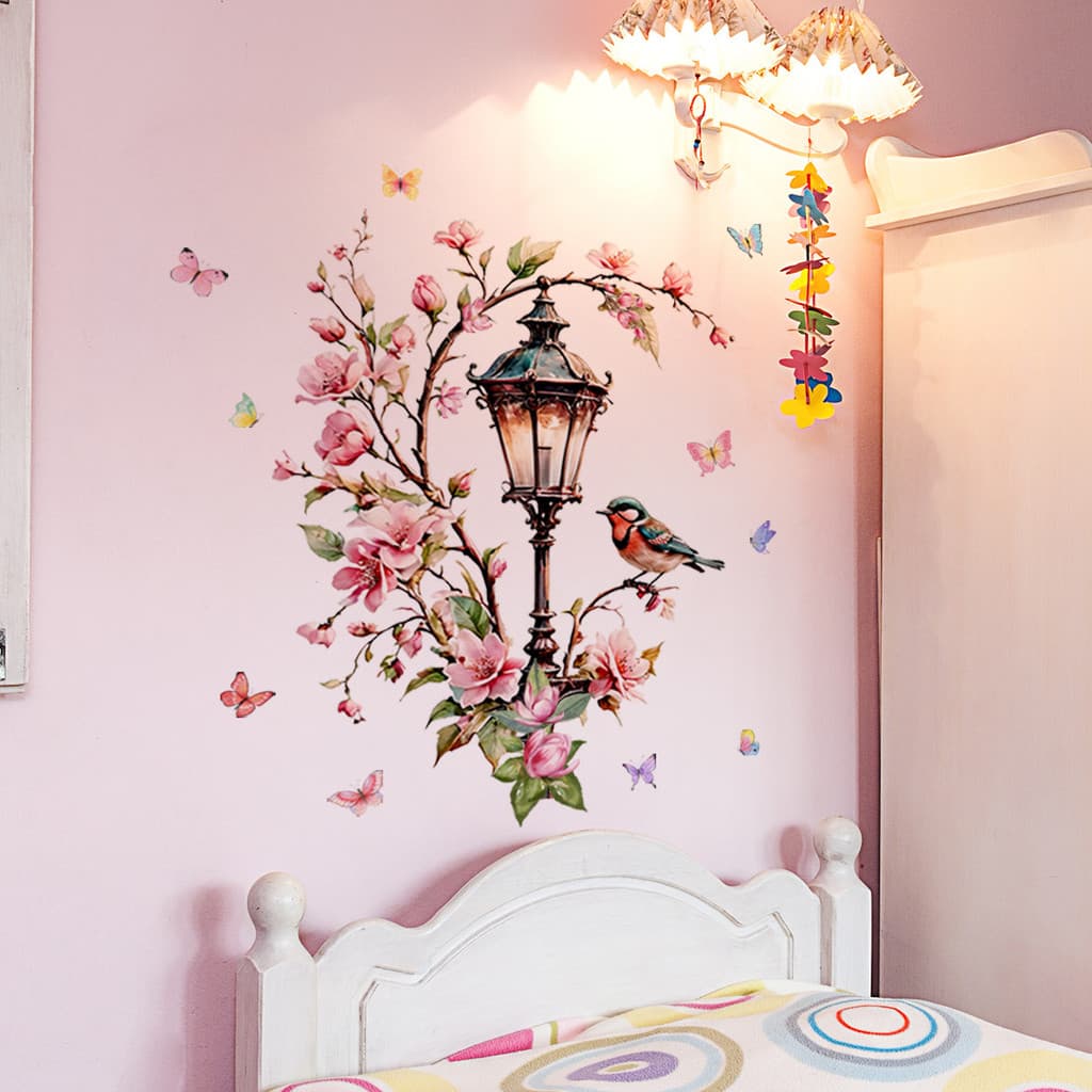 Adesivo de parede de pássaro de ramo de flor de planta verde adesivo de decoração de sala de estar