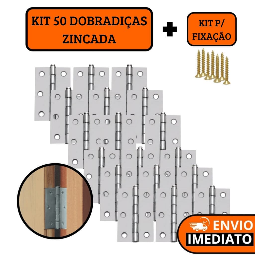 Kit 50 Dobradiças Zincada Porta De Madeira COM PARAFUSO - 3,8cm / 5cm / 6,4cm / 7,6cm / 8,9cm / 10cm