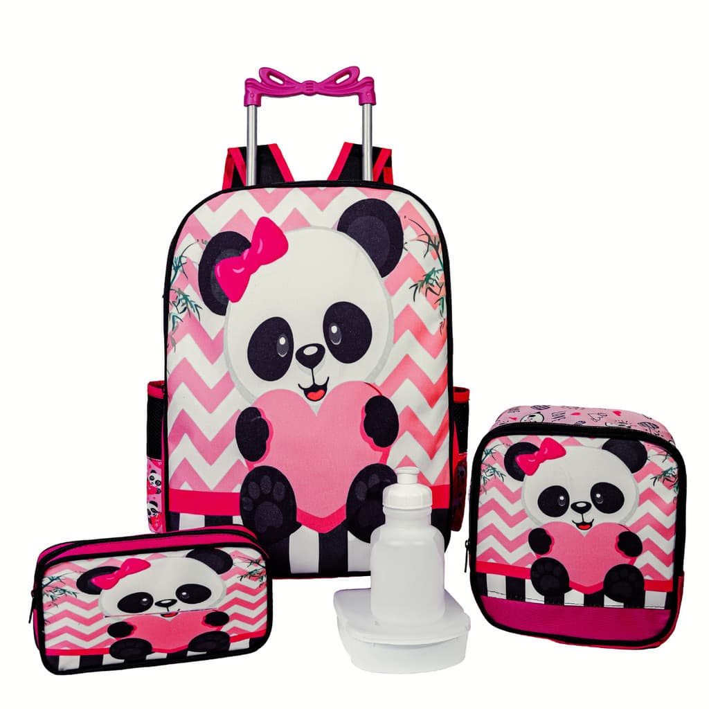 Kit Mochila Infantil Menina Escolar Panda Urso Rodinha En24H