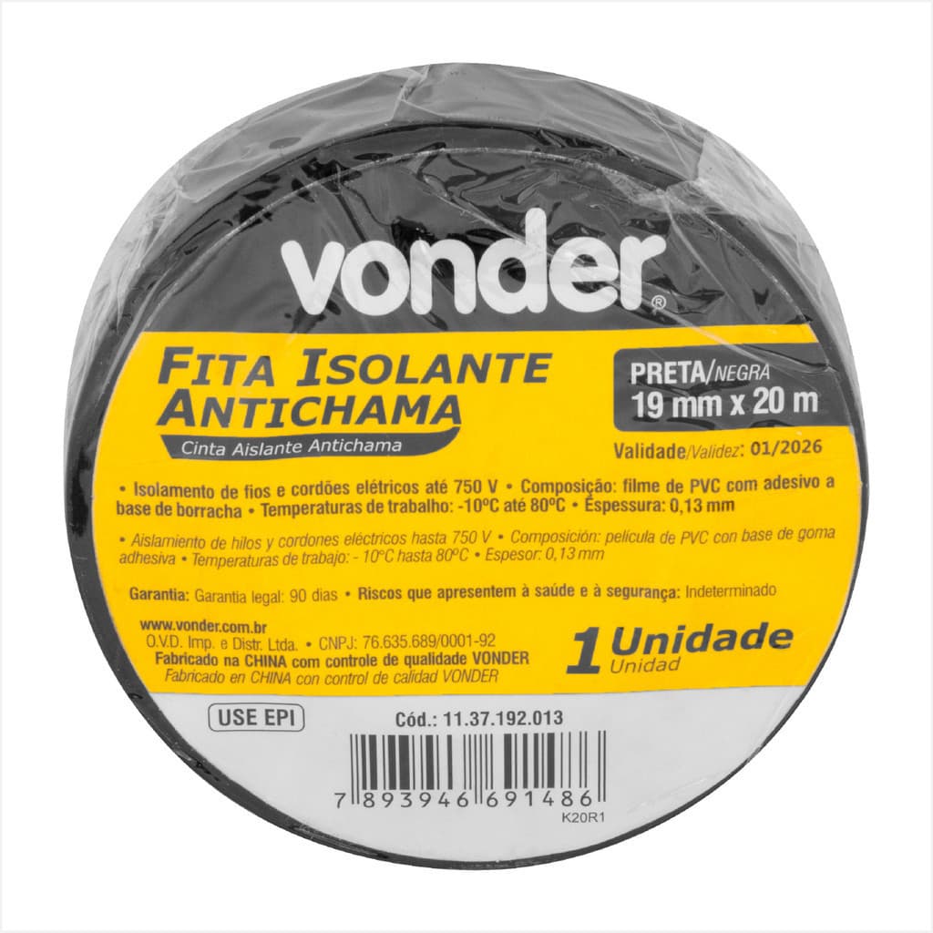 Fita isolante 19 mm x 20 m preta - Vonder
