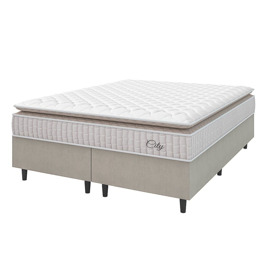 Cama Box Colchão Casal King Molas Ensacadas City Pillow Top 193x203x61cm Bege / Branco Hellen