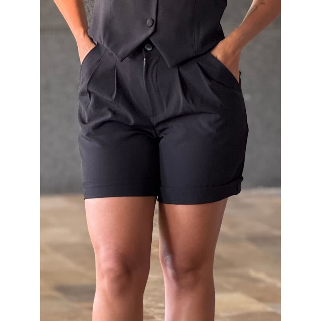 Short Feminino Alfaiataria Clássico Estilo Office Escritório Bolsos Laterais Elegante e Confortável