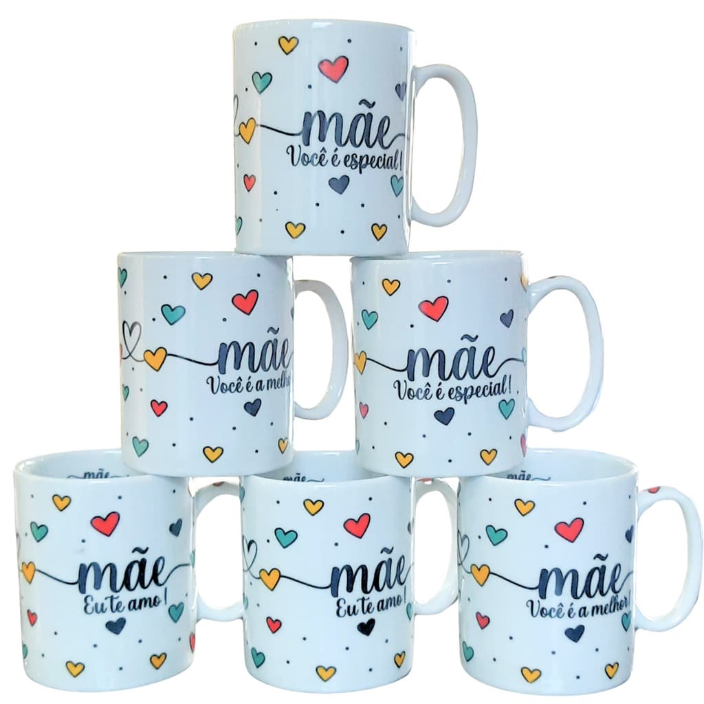Jogo 18 canecas 300ml Frases Mãe - Kit Porcelana - Decoração Caneca Completa Corações