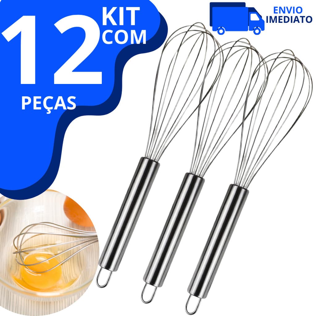 Kit 12 Batedor De Ovos E Massas Fouet Profissional Em Aço Inox Mixer Manual 30cm