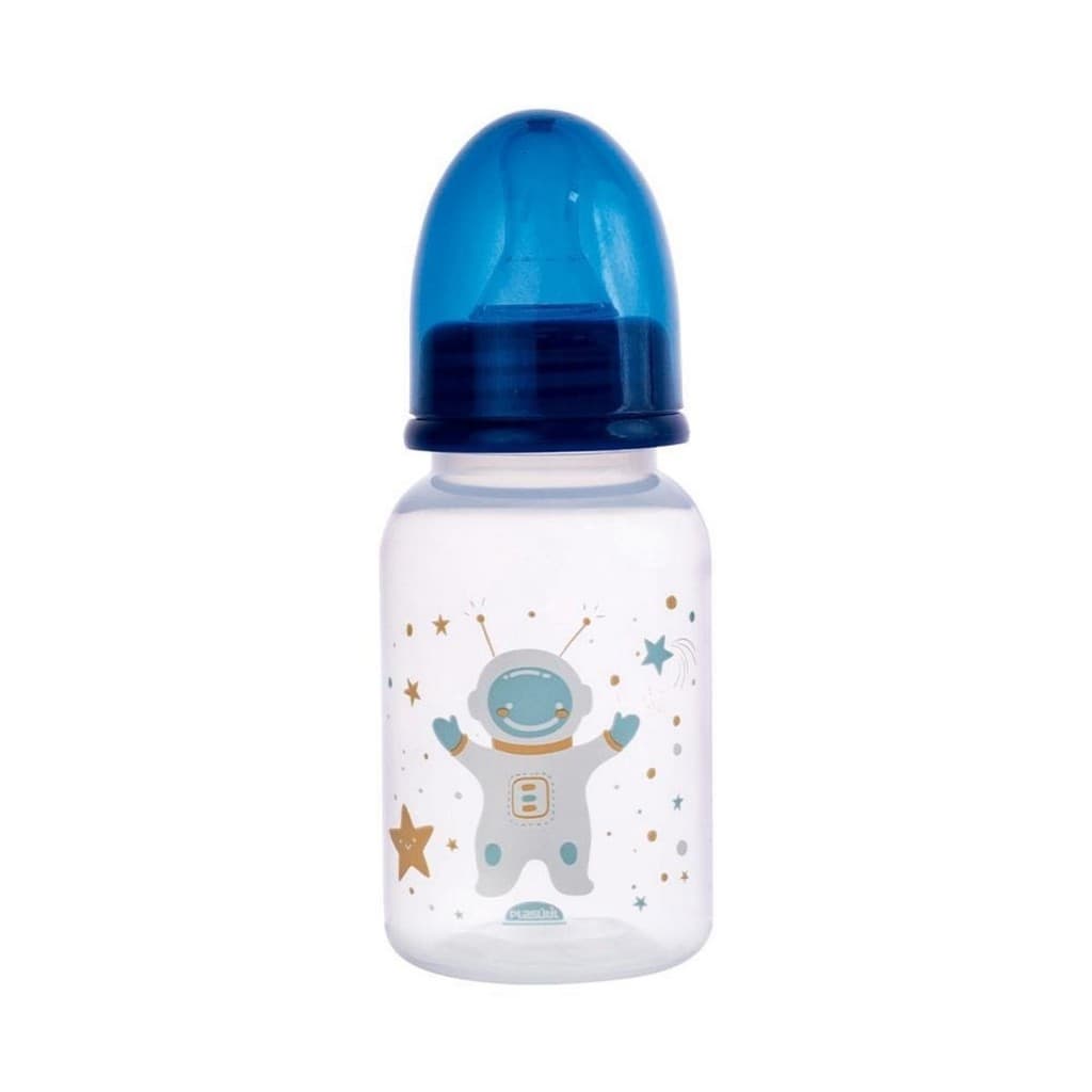 Mamadeira 150ml Azul Sistema Anticólica Astronauta Bico Silicone Anatômico Bebê Criança Plasútil