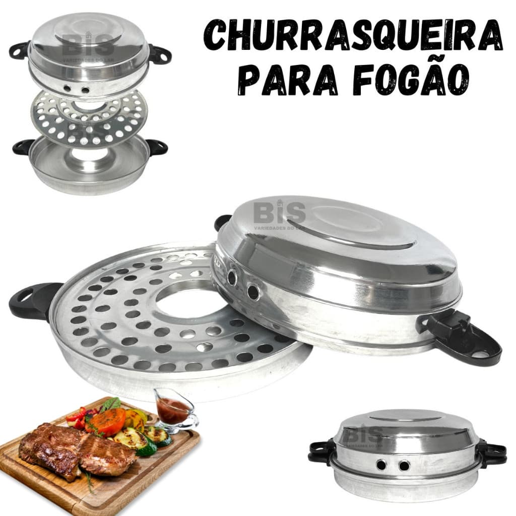 Churrasqueira Para Fogão Faz Churrasco Assa Pães Material 100% Em Alumínio Polido