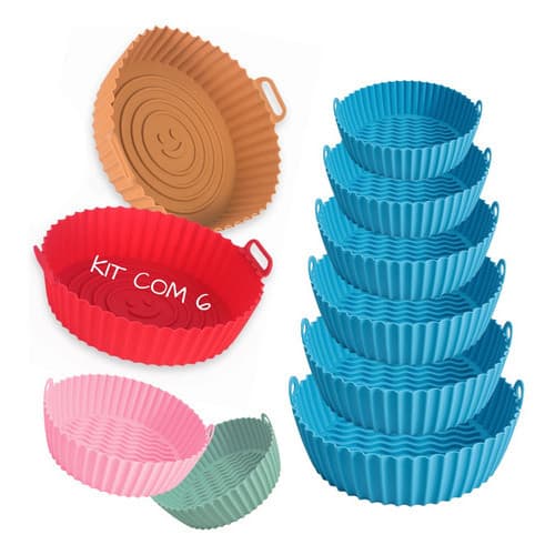 Kit 6 Formas De Silicone Para Air Fryer C/ Alça Tamanhos Variados Reutilizável Antiaderente Flexível