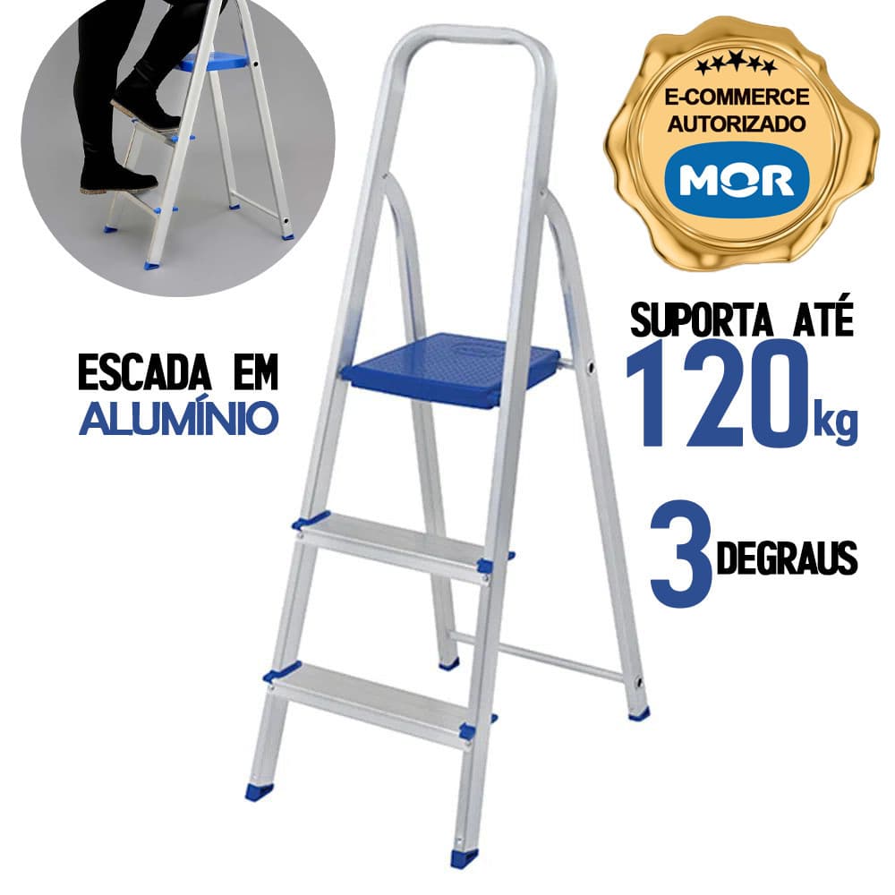 Escada 3 Degraus Alumínio Doméstica Dobravel Forte Reforçada