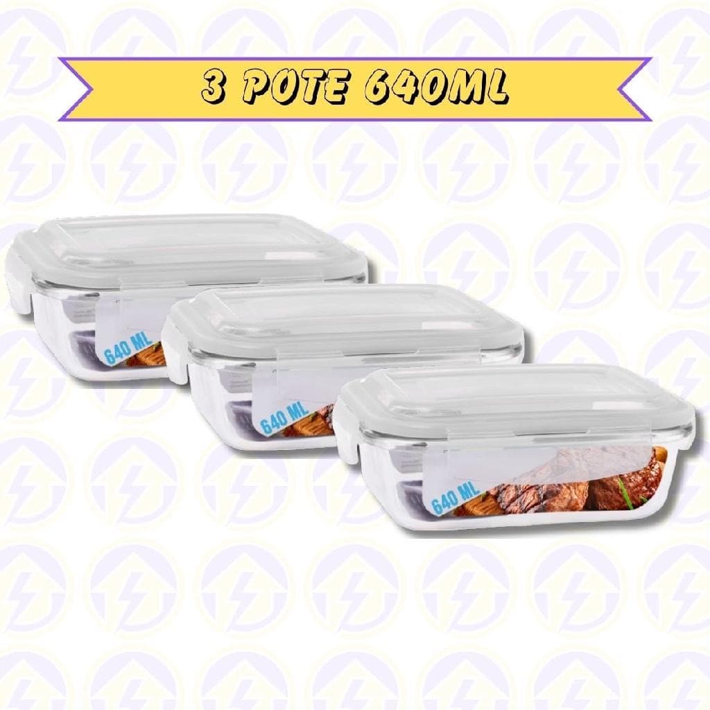 3 Pote de Vidro p/ Marmita Forno Freezer Airfryer 640ML c/ Tampa