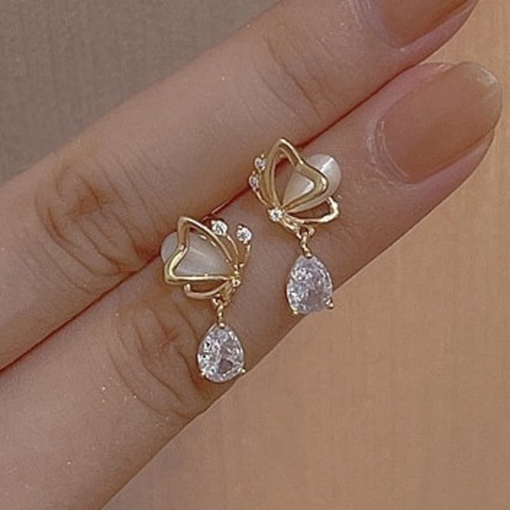 Coreano Simples Borboleta Amor Água Gota Strass Elegante Exclusivo Brincos Elegantes Estilososos