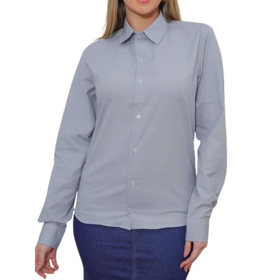 Camisa Social Feminina Manga Longa Slim Cinza