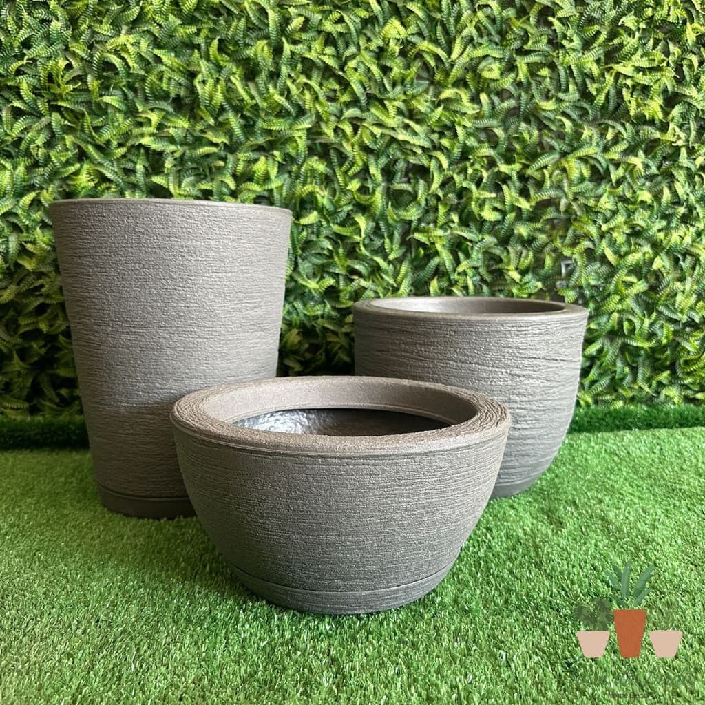 Kit 03 Vaso Grafiato P/ Planta ou Flor Em Polietileno Coluna Redonda PP Bacia PP e Bojo 0 com Prato