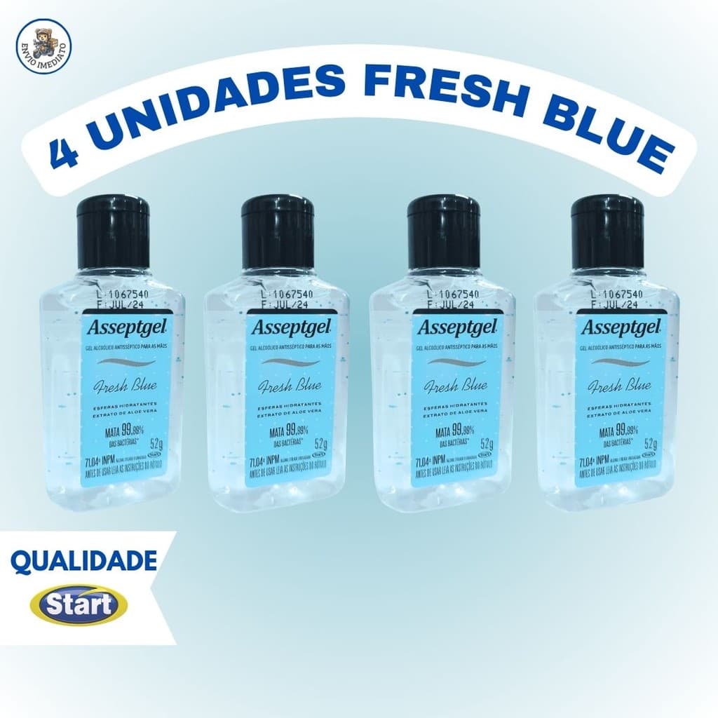 Kit com 4 Álcool Em Gel 52 Gramas Pequeno e Perfumado Hidratantes E Perfuma Fresh Blue Asseptgel