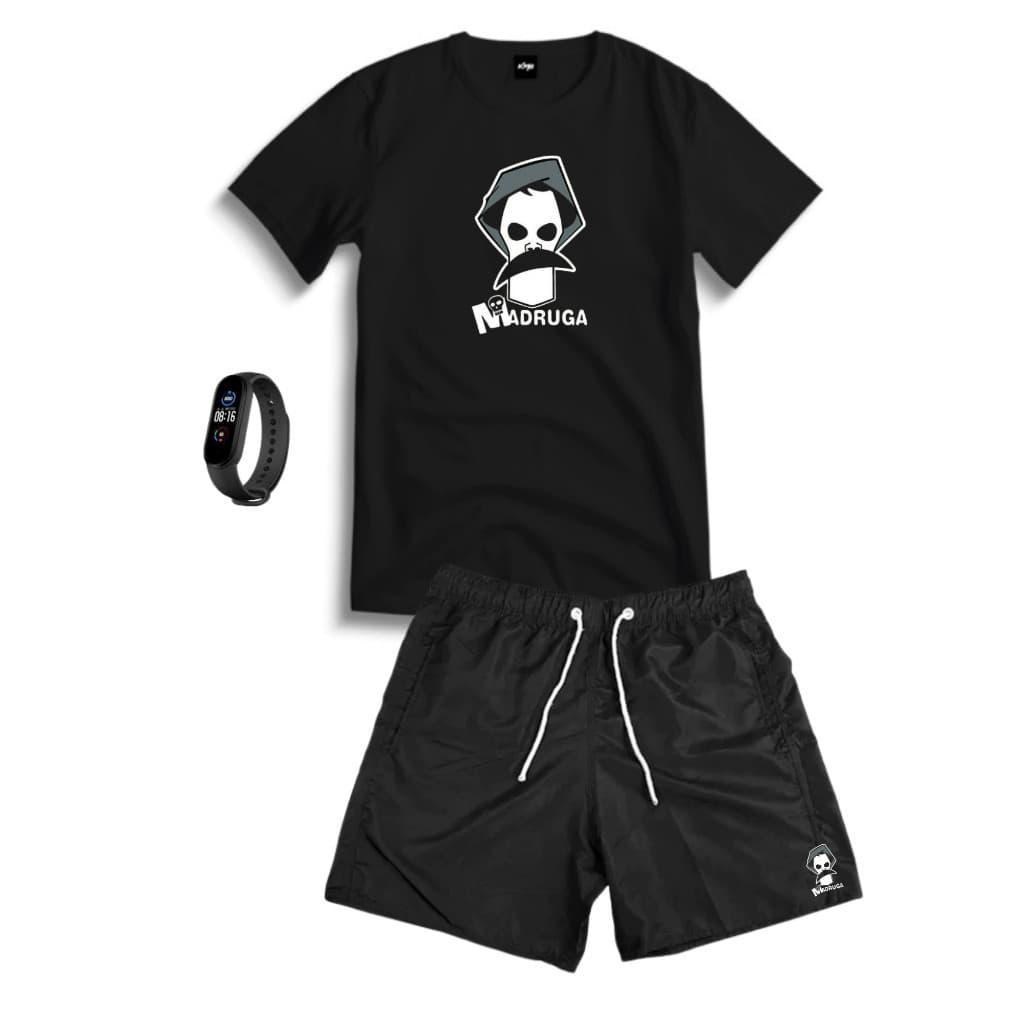 Conjunto Kit Masculino SEUMADRUGA Camisa 100% Algodão + Bermuda Tactel Estampada + Relogio Digital