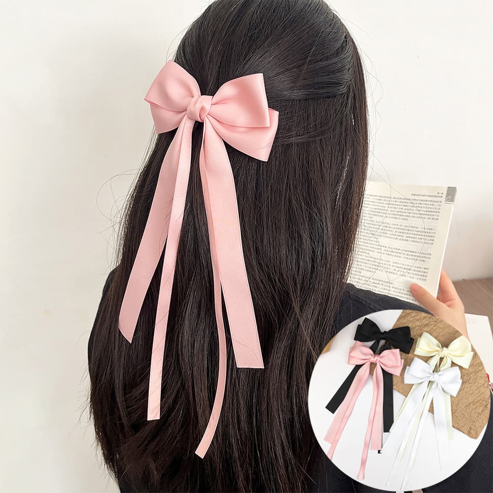 Clip De Cabelo Satin Bow Ribbon Dupla Camada De Cor Sólida Bowknot Top Ponytail Barrettes Tassel