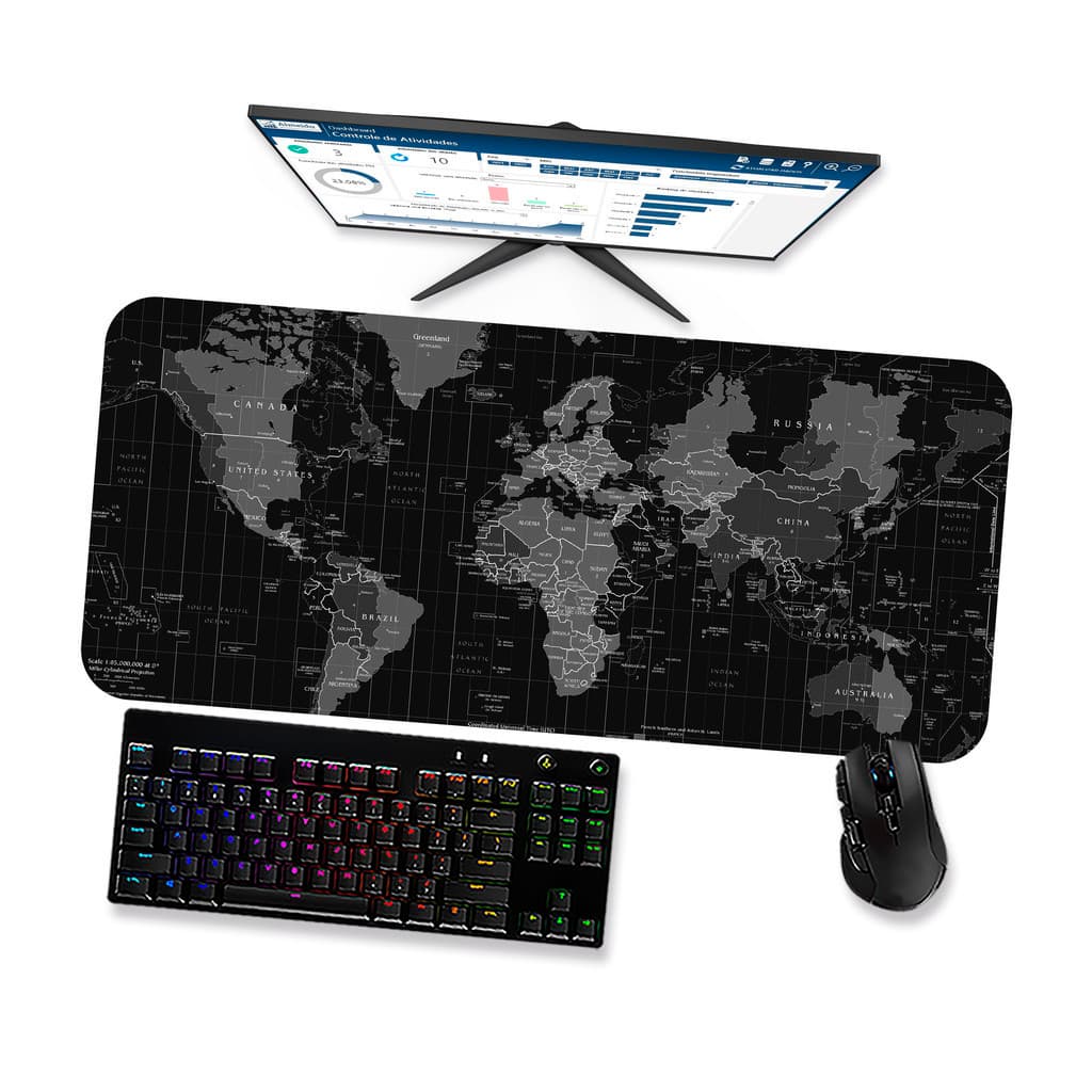 Mouse Pad Gamer Grande  Mapa Mundi Preto Black 1  90x40 80x40 60x40 70x30 45x40