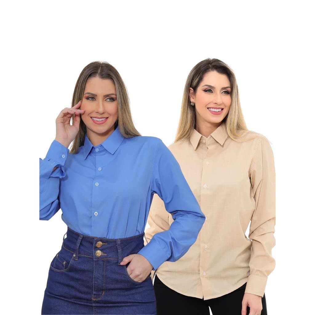 KIT Feminino 2 Peças - Camisa Social Premium Tipo Linho Bege e  Camisa Social Slim Azul