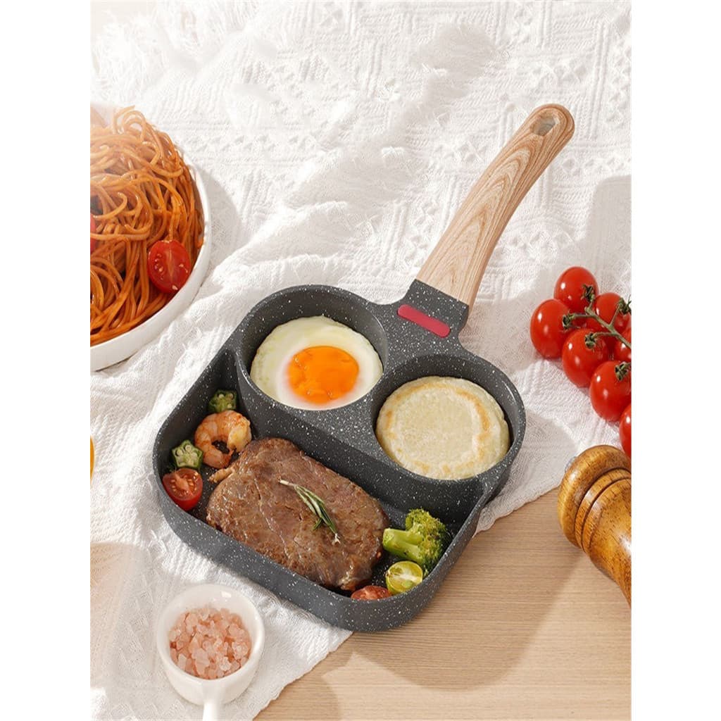 Frigideira de ovo frito, frigideira de ovo com tampa antiaderente 3 seções grelha dividida panela de panqueca liga de alumínio fogão para café da
