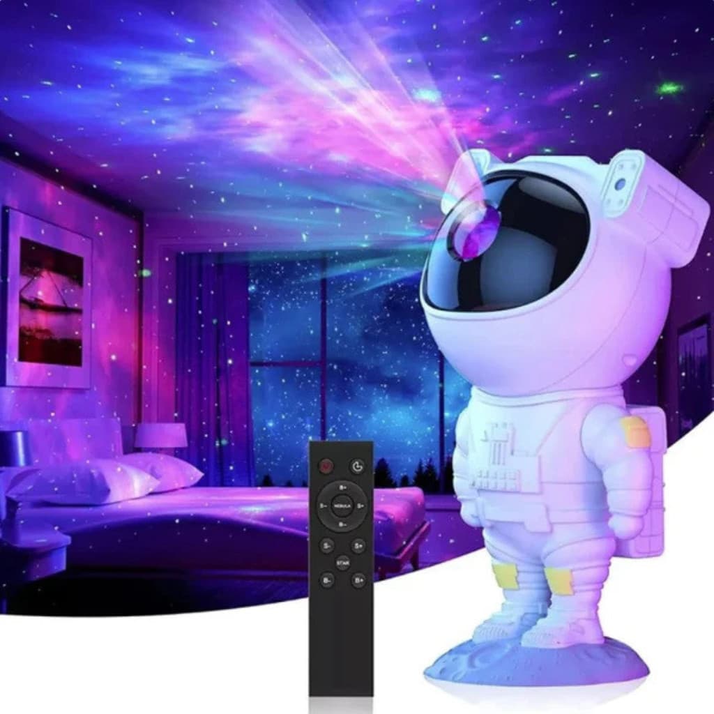 Mini Projetor Astronauta Luz Estelar 360° com Controle Remoto e USB – Estrelas e Nebulosas