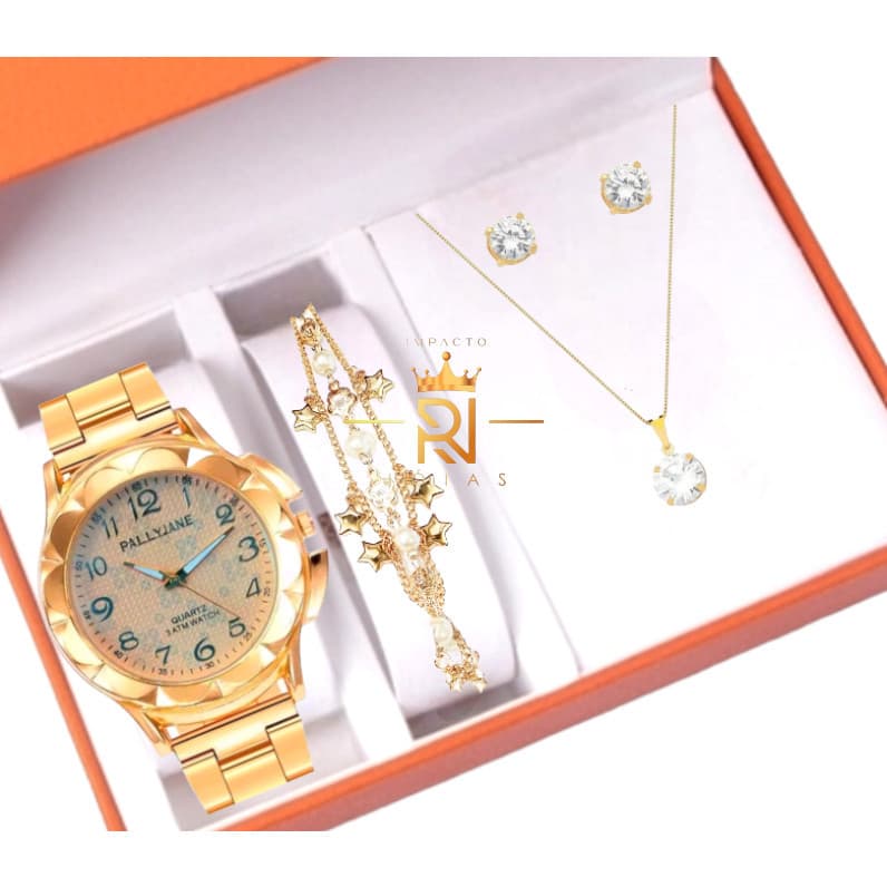 Relógio Feminino + Kit Colar Brincos e Pulseira  Folheados 004