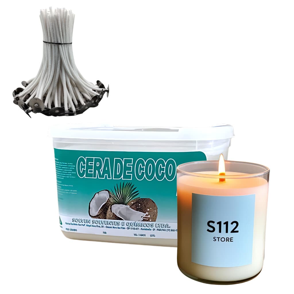 Kit Cera Coco Velas Aromaticas 1kg + 50 Pavios Velas Algodão Artesanais 3mm Parafinado 10CM - B2040