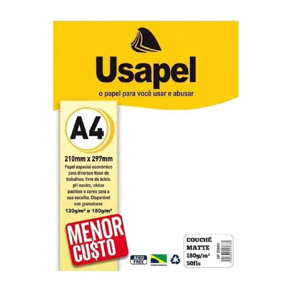 Papel Couchê Matte Fosco Branco A4 180g 50 Folhas Usapel
