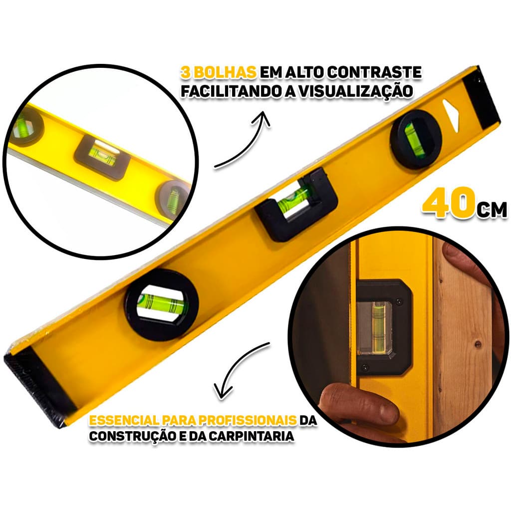 Nível Com Base Magnética Alumínio Reforçado 3 Bolhas 16 Polegadas 40cm Fertak