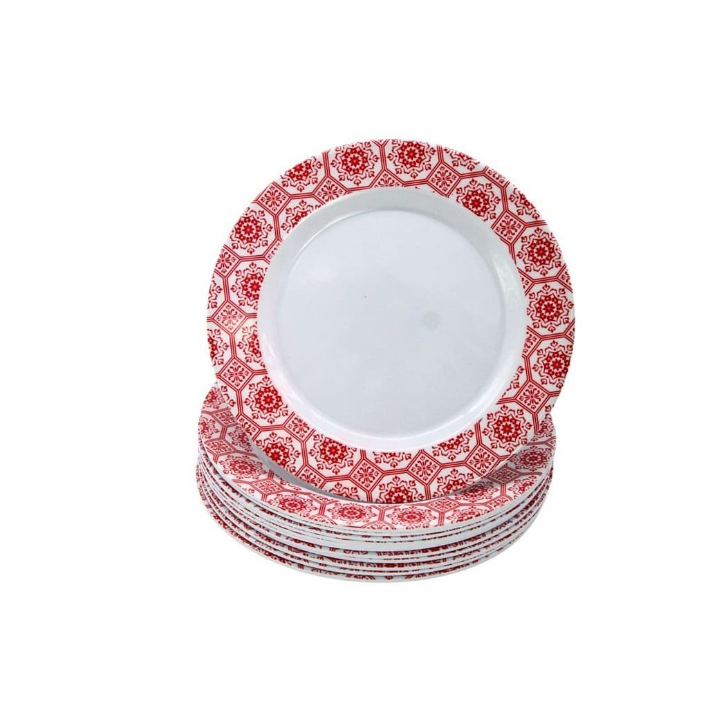 Jogo 12 Pratos de Sobremesa Tamanho 20cm de Melamina Decorado Cor Vermelho