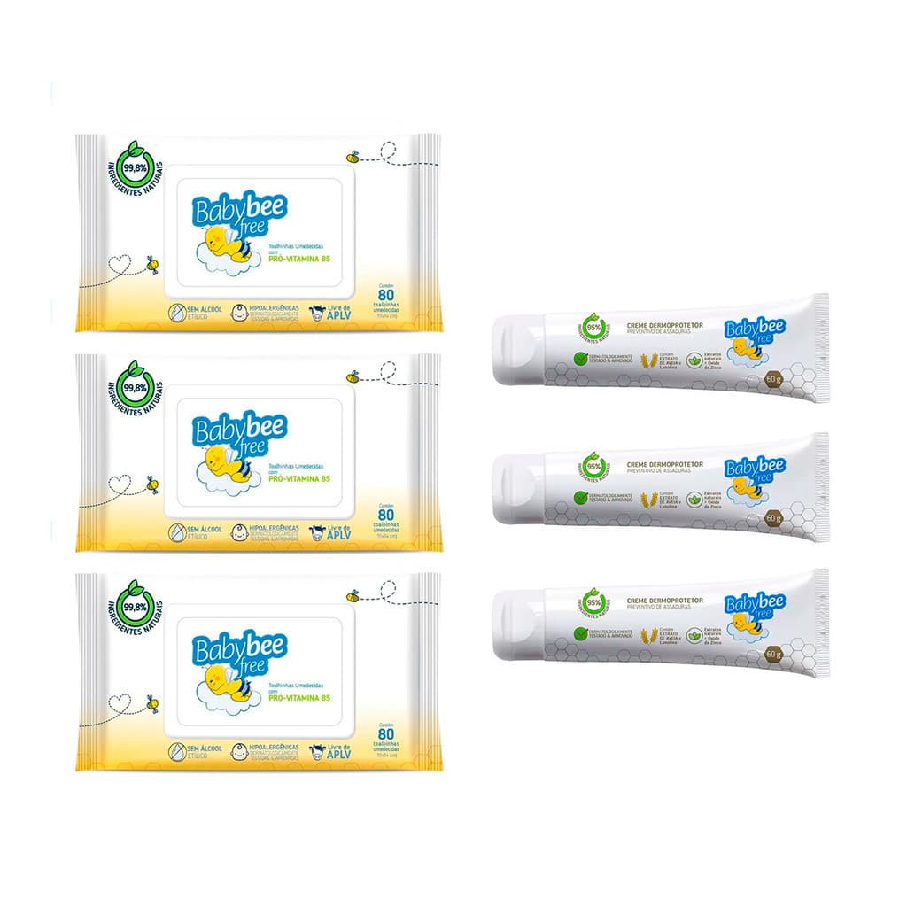 Baby Bee Kit 6un - 3un  Toalhas / Lenços umedecidas com 80un + 3un Pomada Para Assaduras Creme Dermoprotetor - 60g