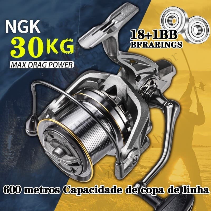 Ngk8000 Novo tipo de carretel de pesca fundido Tensão máxima 30K 4.8: 1 Engrenagem mais do que água salgada e pesca em água doce 18+1BB Fundição longa com descarga de roda de pesca com alarme de potência