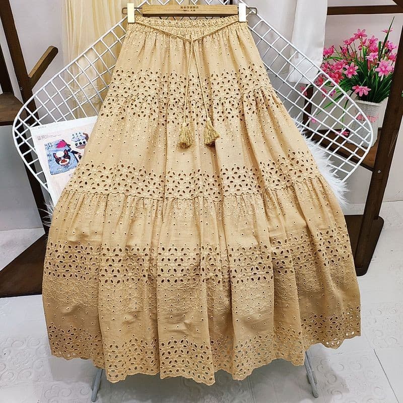 Coreano coreano primavera indústria pesada saia de renda feminina cintura alta costura elo de corrente fada bainha grand