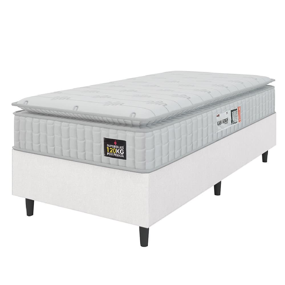 Cama Box Colchão Solteiro Espuma D33 Vangogh Pillow Top 88x188x67cm Branco Hellen - Suporta até 120kg por Pessoa