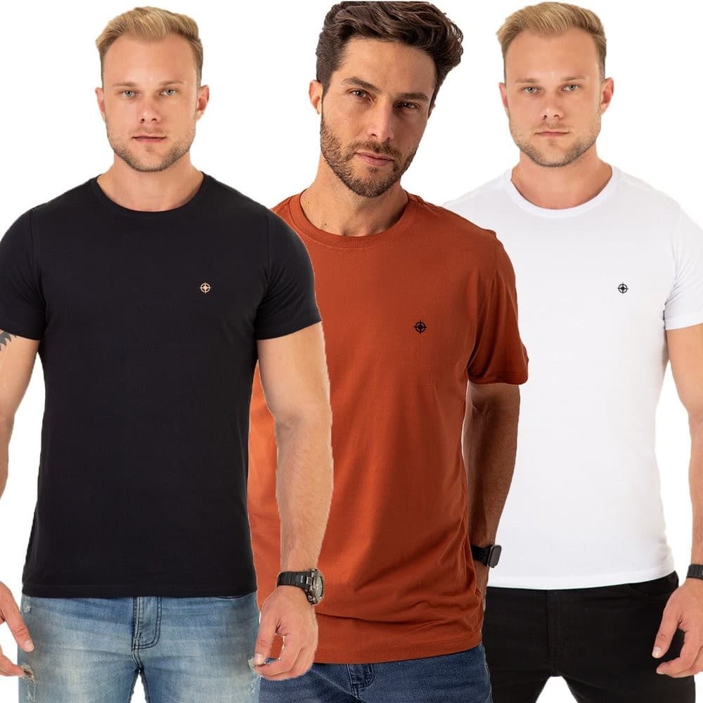 Kit 3 Camisetas Masculino Algodão Premium Casual Básica Costura Reforçada Ferrugem Preto e Branco