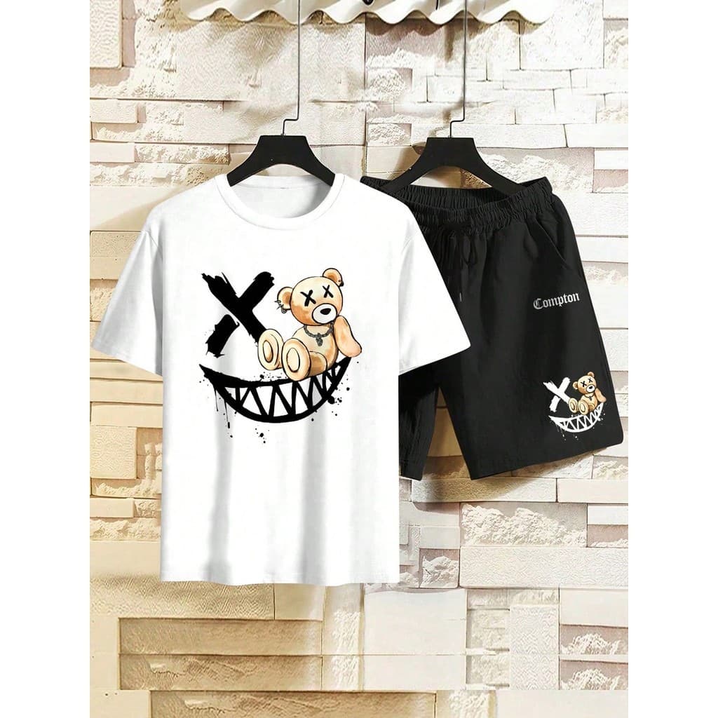 Conjunto Masculino Camiseta Streetwear Masculina + Bermuda Tactel Estampada Urso Compton Kit