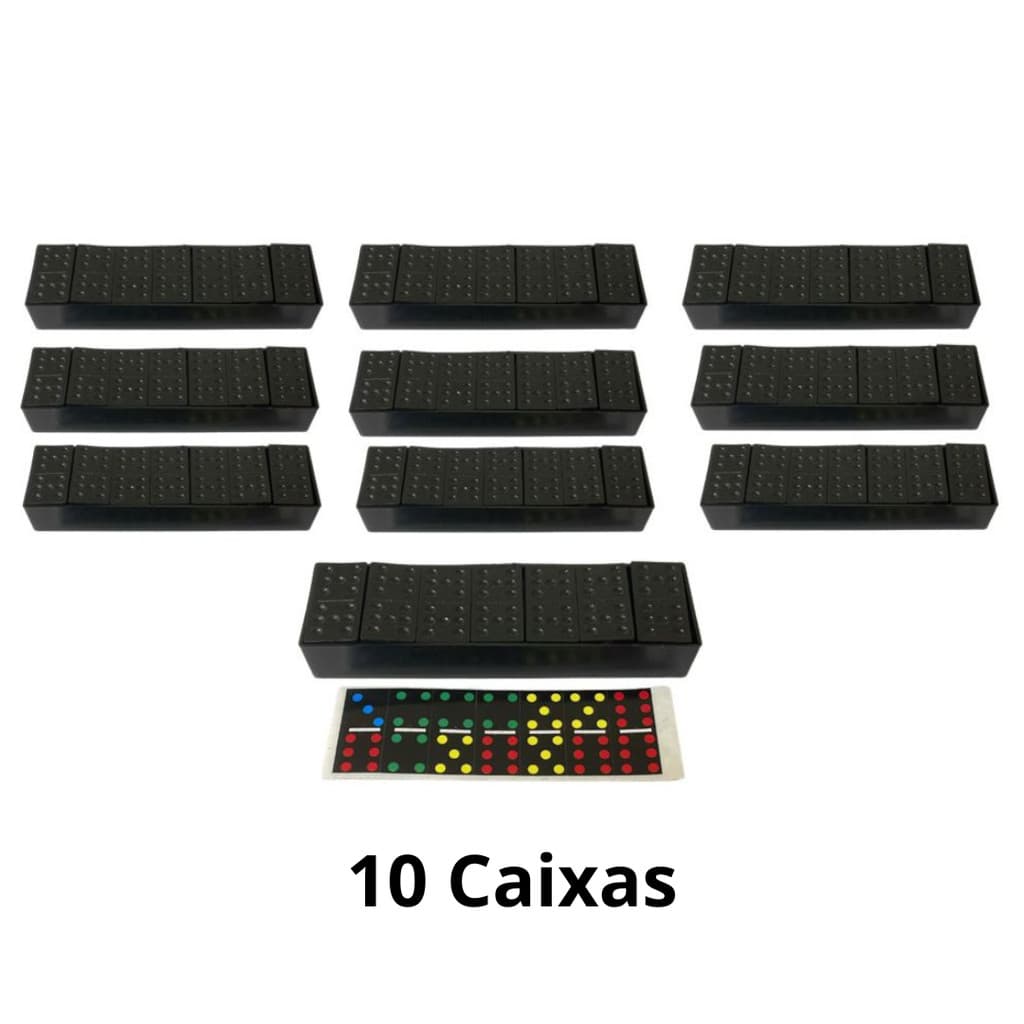 Kit 10 Estojos Dominó Clássico 28 peças Preto Jogo de Tabuleiro Atacado Números Coloridos - Plástico