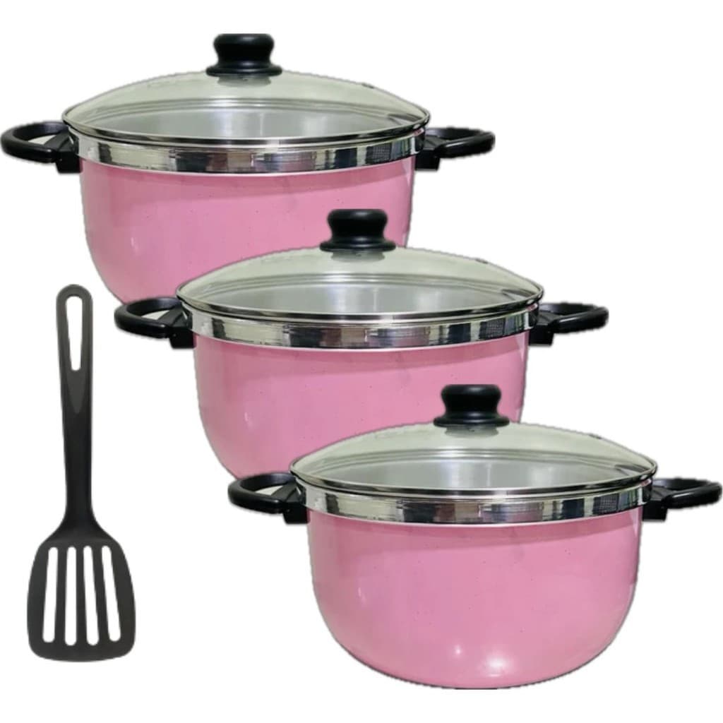 Kit 3 Panelas Caçarolas  Alumínio Grosso NA COR ROSA Tampa de Vidro 1 Espatula N. 18 e N. 16 N. 14,