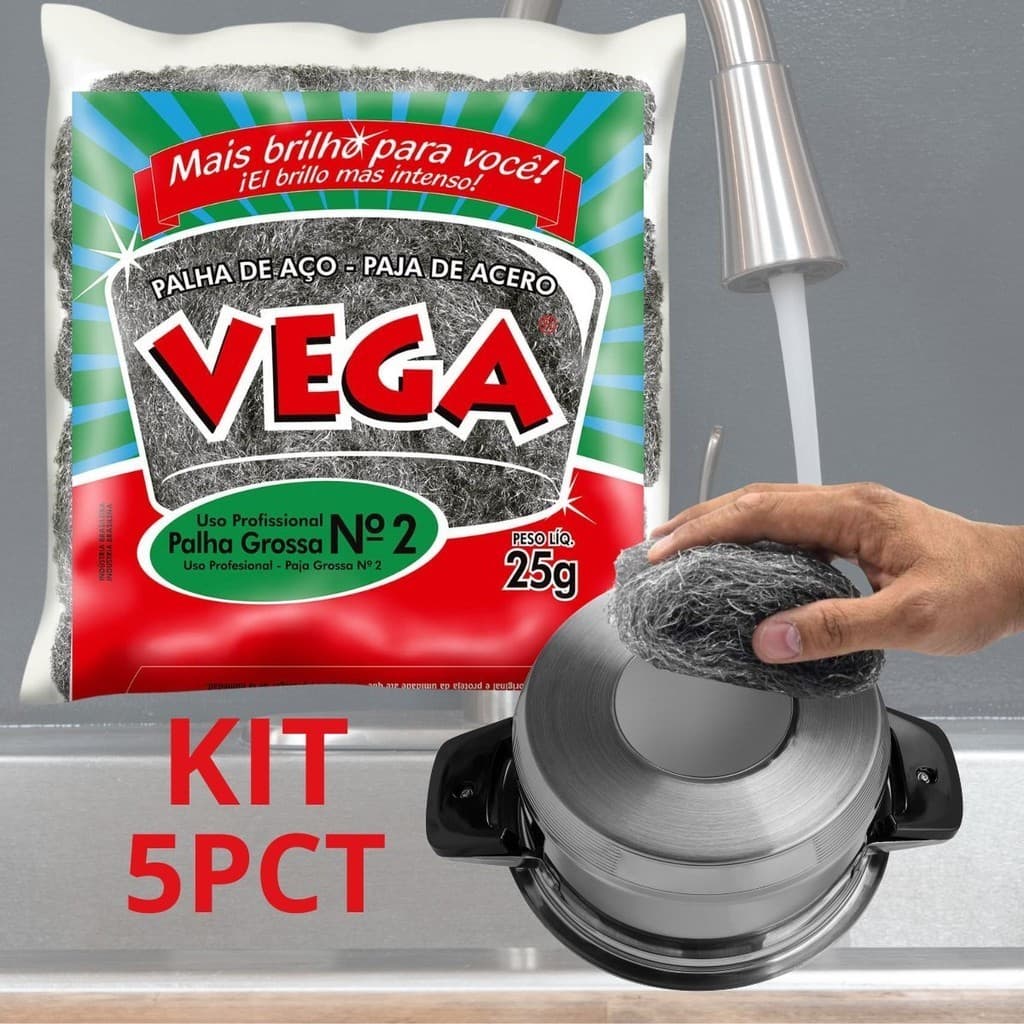 5x Palha de Aço Numero 2 Vega Palha Grossa Remove Sujeira Encrustada Ferrugem Tinta Durabilidade