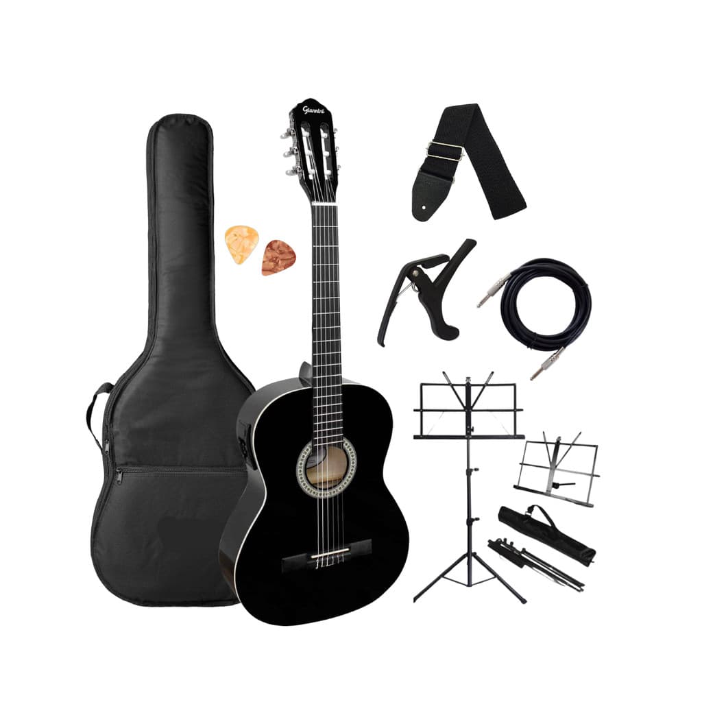Violao Elétrico Cordas de Nylon Giannini Start Preto Brilhante N-14 EQ BK Com Melhor Kit Acessórios