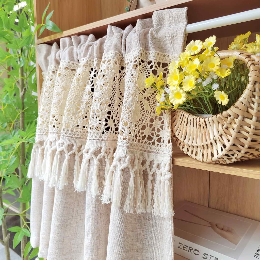 Crochê Emenda Pura Valance Semi Café/Cozinha Janela Topper Rústico Cortina Curta Camada Com Borlas Para Janelas Pequenas