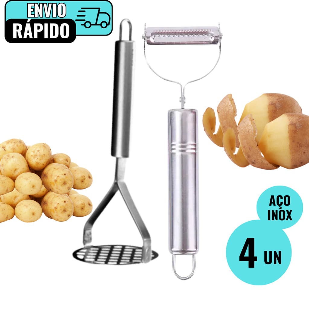 Kit 2 Amassadores De Batata 2 Descascadores De Legumes Aço Inox Premium Para Cozinheiro Restaurante