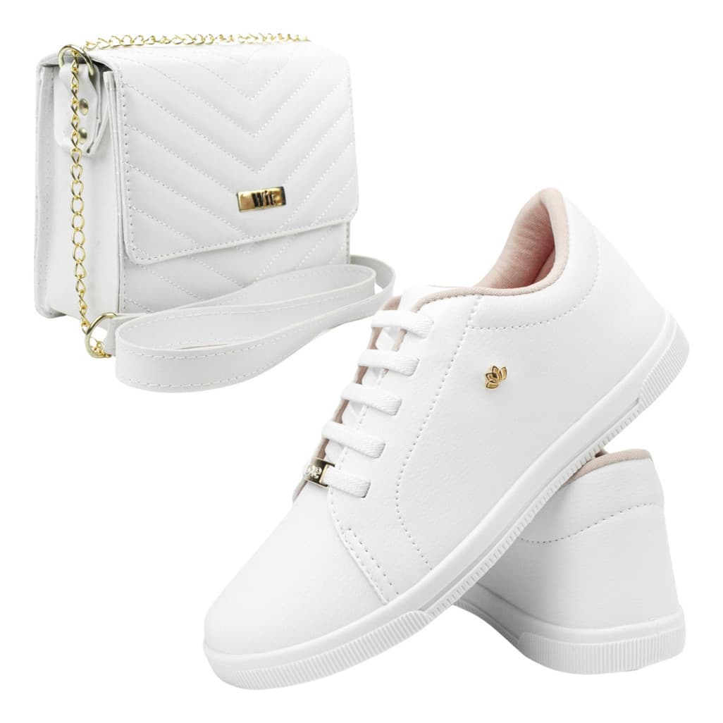 Tenis Branco Casual Feminino Confortável Kit Bolsa Envelope