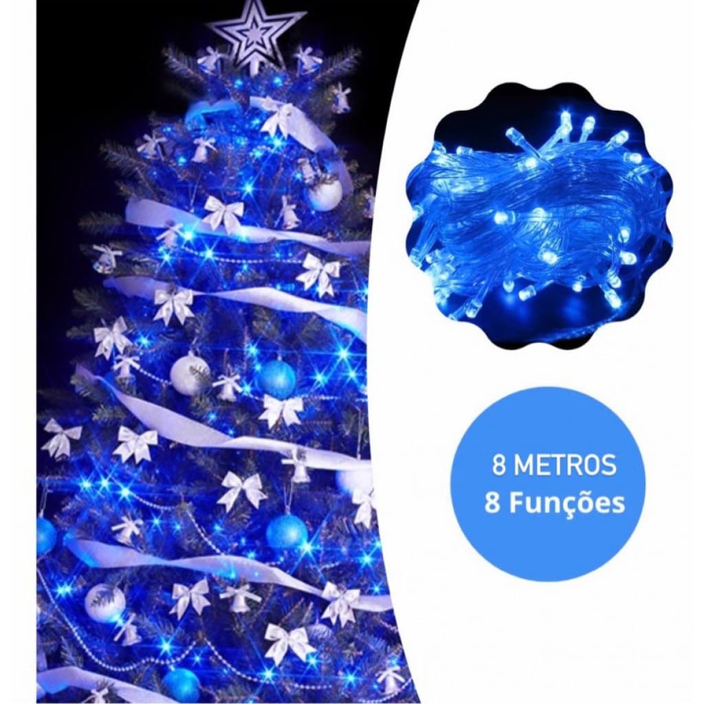 Pisca Pisca Natal Led Azul 100 Lampadas Leds com 8 Funções